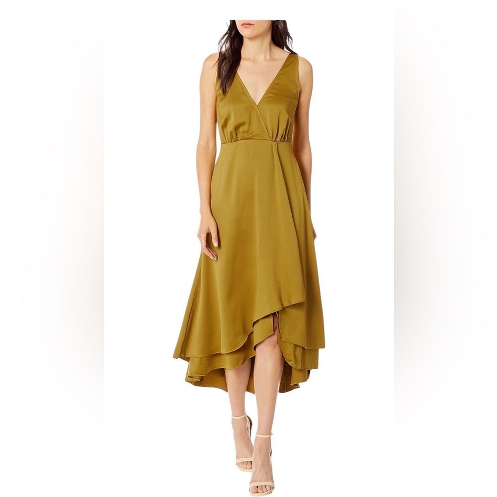 French Connection Maudie Drape Frill Sleeveless Citronelle Gold Mid Dress Sz 10